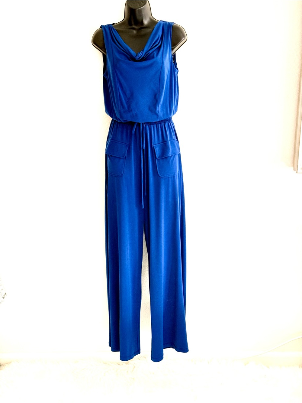 Vince Camuto Royal Blue Sleeveless Cowl-Neck Jumpsuit with Pockets Drawstring SM